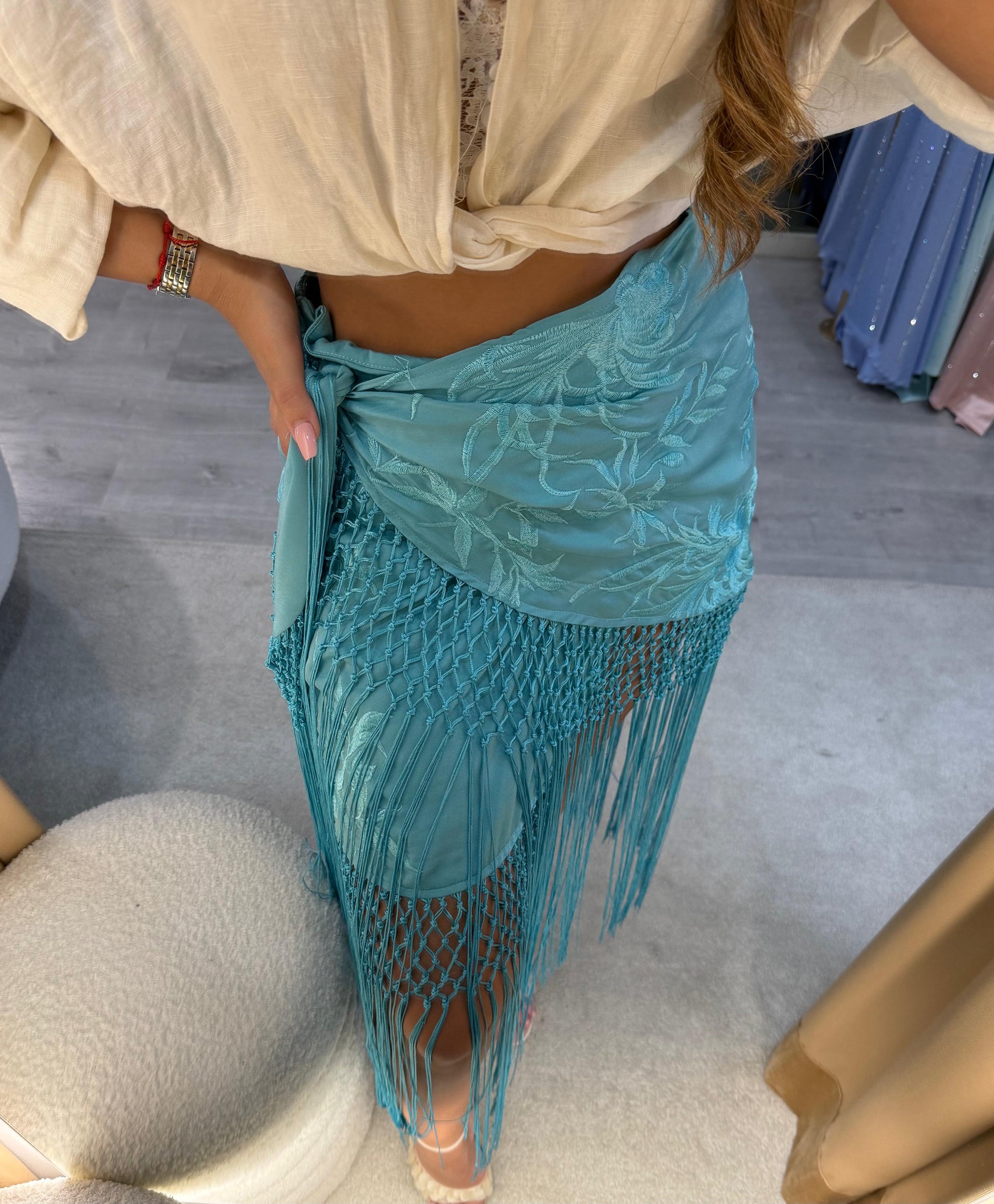 Saia Bali Turquesa com Franjas – Lily Rose